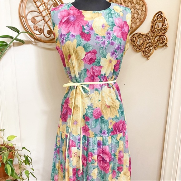 Vintage pleated dropwaist dress midi floral hippie flower power 60s 70s 80s VTG - Picture 13 of 14